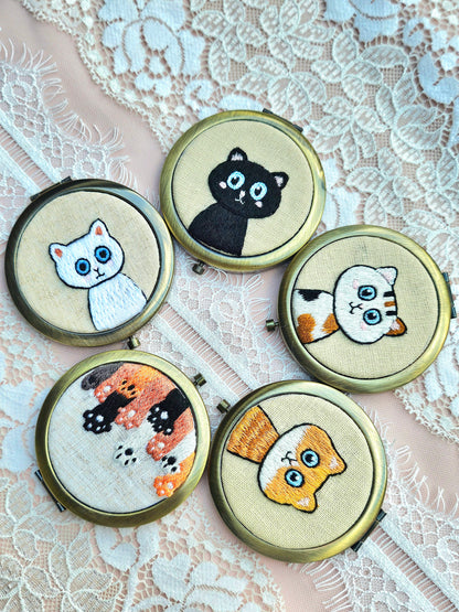 Handmade Cat Embroidered Compact Mirror