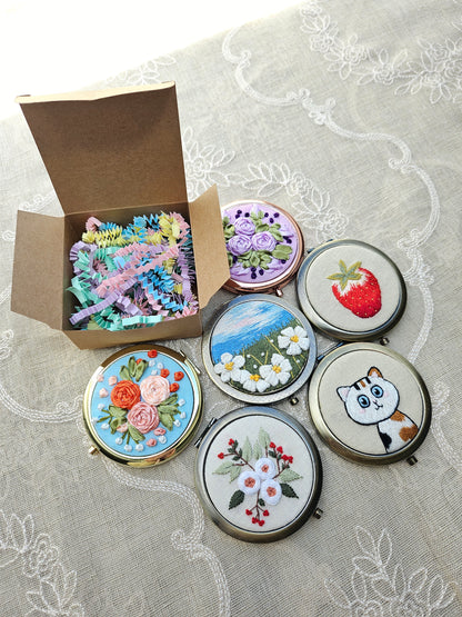 Handmade Cat Embroidered Compact Mirror