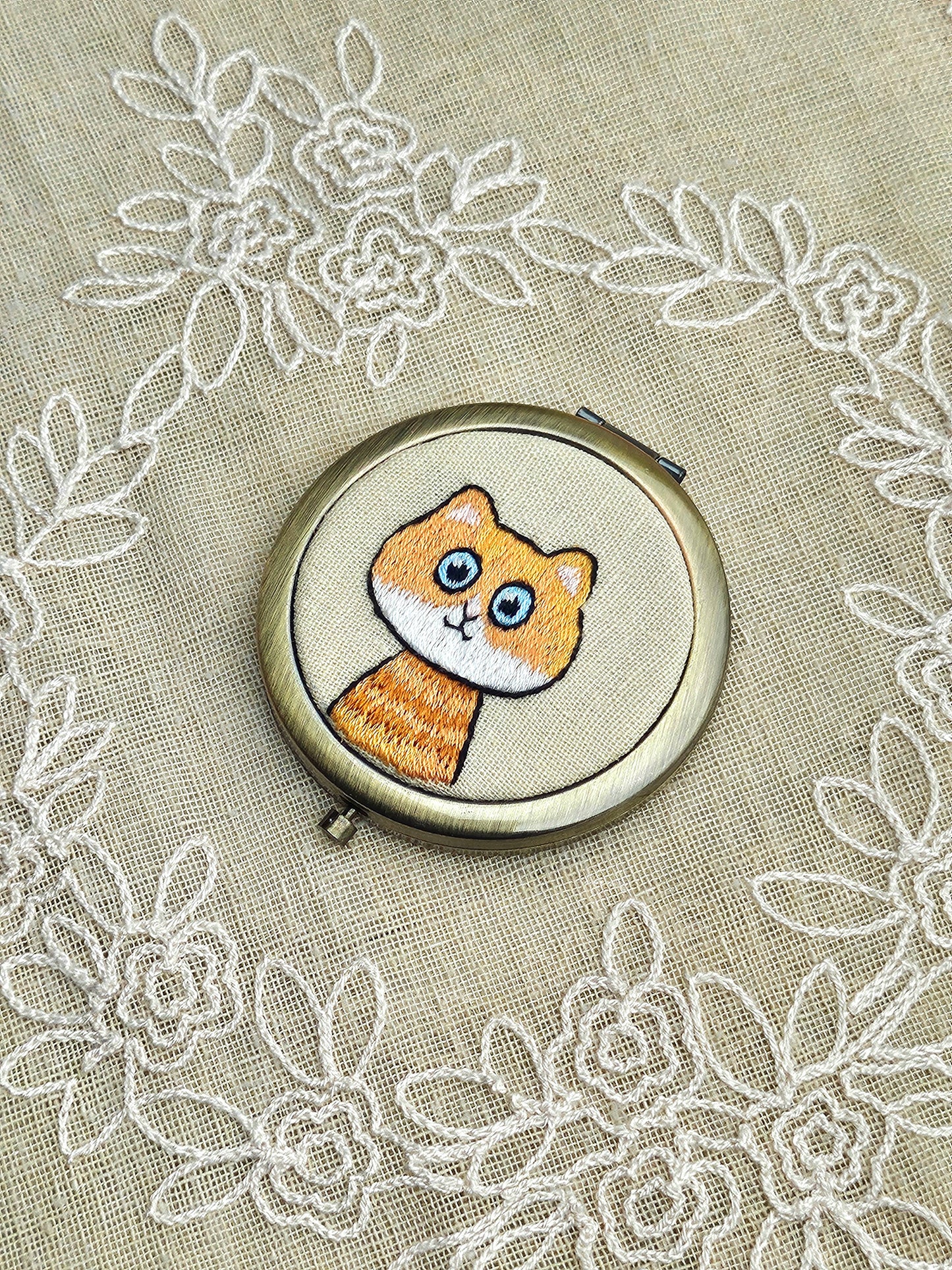 Handmade Cat Embroidered Compact Mirror