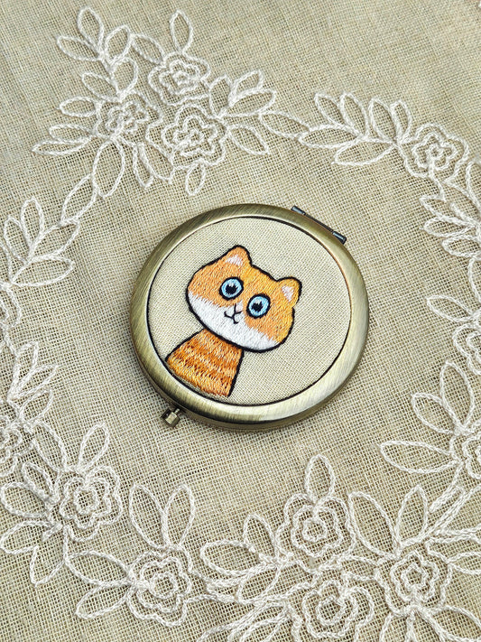 Handmade Cat Embroidered Compact Mirror