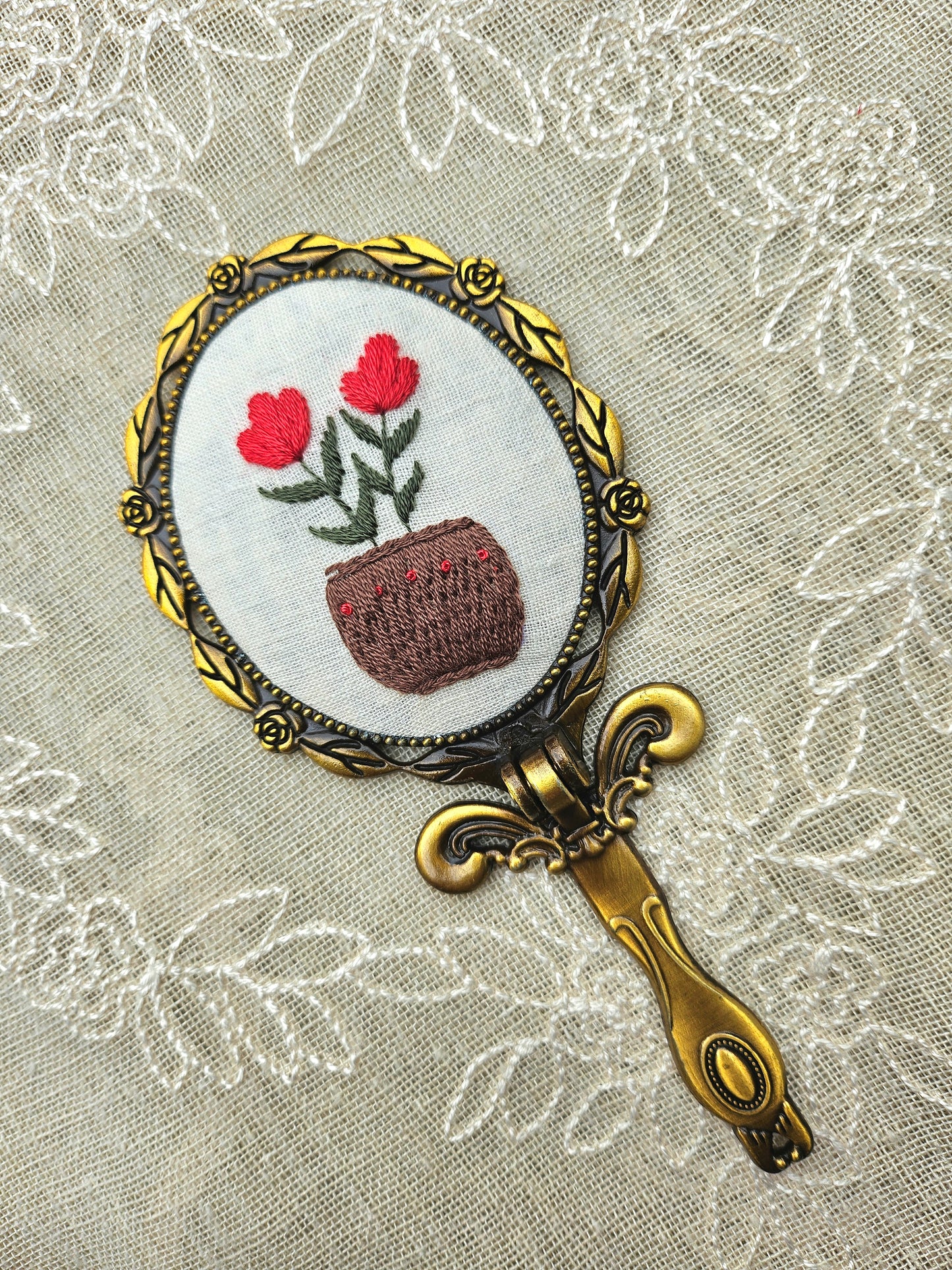 Handmade Vintage Embroidered Oval Mirror