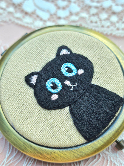 Handmade Cat Embroidered Compact Mirror