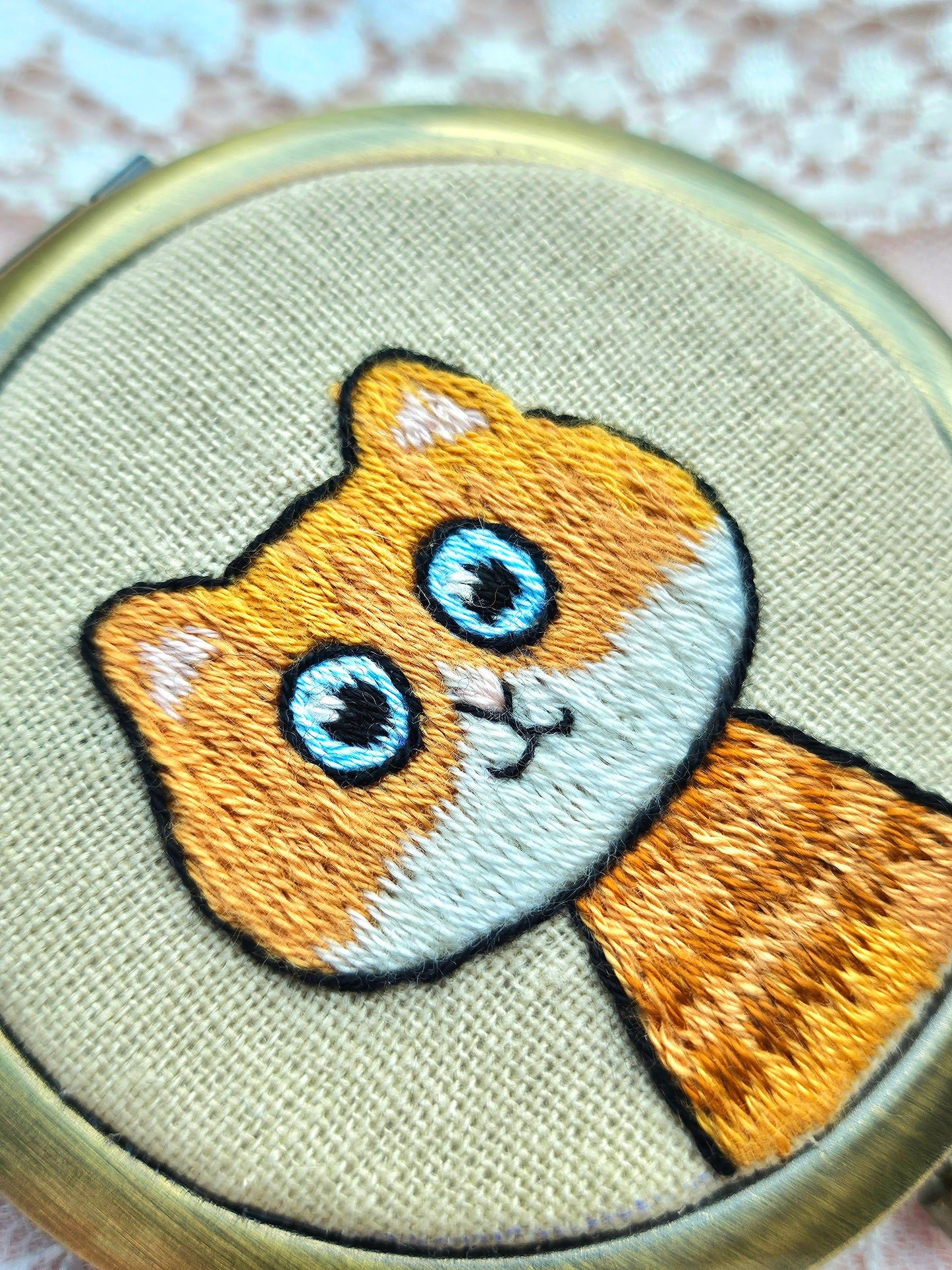 Handmade Cat Embroidered Compact Mirror